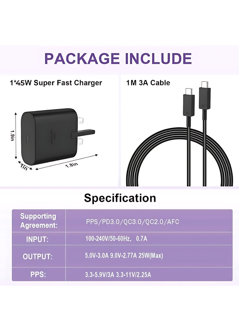 XiaoGiqi محول شاحن سريع 45 واط، قابس شاحن سريع USB C وكابل شحن Type C بطول 1 متر، متوافق مع سامسونج جالاكسي S25 ألترا، S24 ألترا، S23 ألترا، S22، Z Fold 5، A14، A33، A54 - Image 3