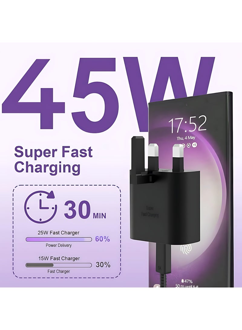 XiaoGiqi محول شاحن سريع 45 واط، قابس شاحن سريع USB C وكابل شحن Type C بطول 1 متر، متوافق مع سامسونج جالاكسي S25 ألترا، S24 ألترا، S23 ألترا، S22، Z Fold 5، A14، A33، A54 - Image 2