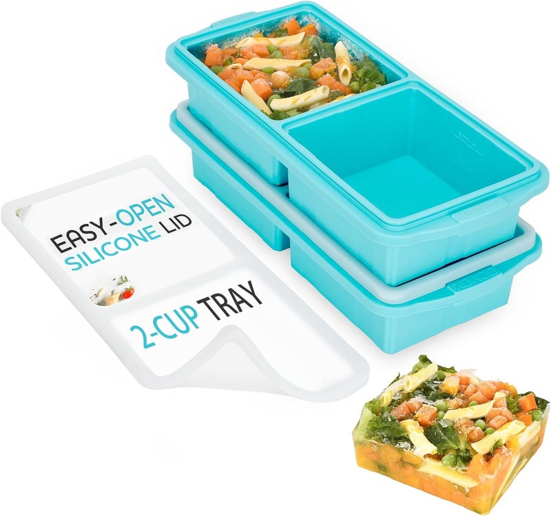 XOMOO Silicone Freezer Tray With Lid-Soup Freezer Container molds-2-cup Extra Large Ice Cube Tray-makes 4 perfect 500ml portions cubes, For freezing soup,stews,sauces.Oven&Dishwasher-Safe(2-Pack) - Image 1