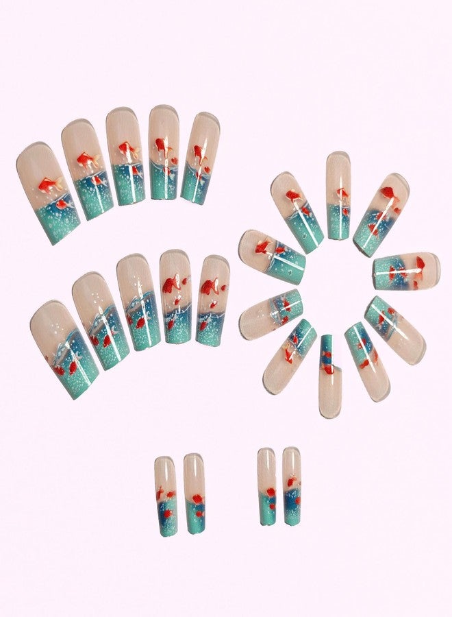 ASABITE 24Pcs Summer Beach Press on Nails Long Coffin Fake Nails with Goldfish Pattern Design Artificial False Nail Coffin Nails Press ons Ocean Nail Full Cover Reusable Stick on Nails for Women - Image 3