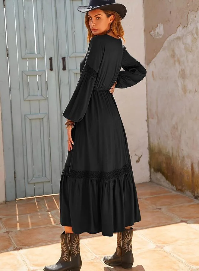 Take Two Women Solid Tie-Up Neck Lace Detail Midi Dress