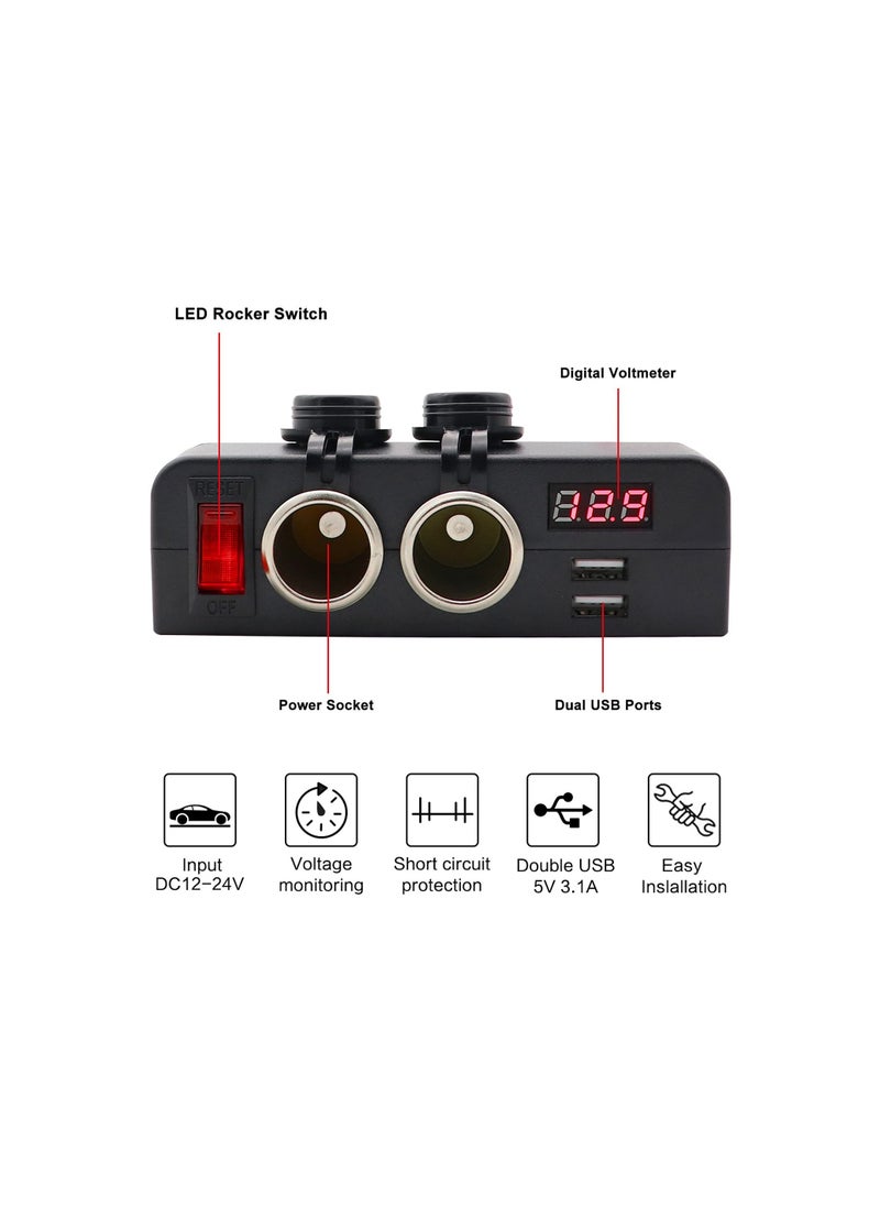 Generic - Dual USB Charger and Dual 12V Power Outlet Cigarette Lighter Splitter Adapter with LED Voltmeter and On/Off Switches for Cars, RVs, Trucks, Marine, Boats, and Campers. - Image 1