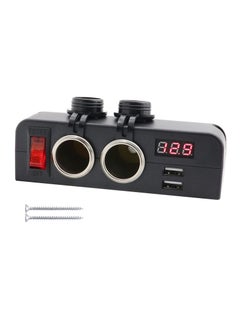 Dual USB Charger and Dual 12V Power Outlet Cigarette Lighter Splitter Adapter with LED Voltmeter and On/Off Switches for Cars, RVs, Trucks, Marine, Boats, and Campers.
