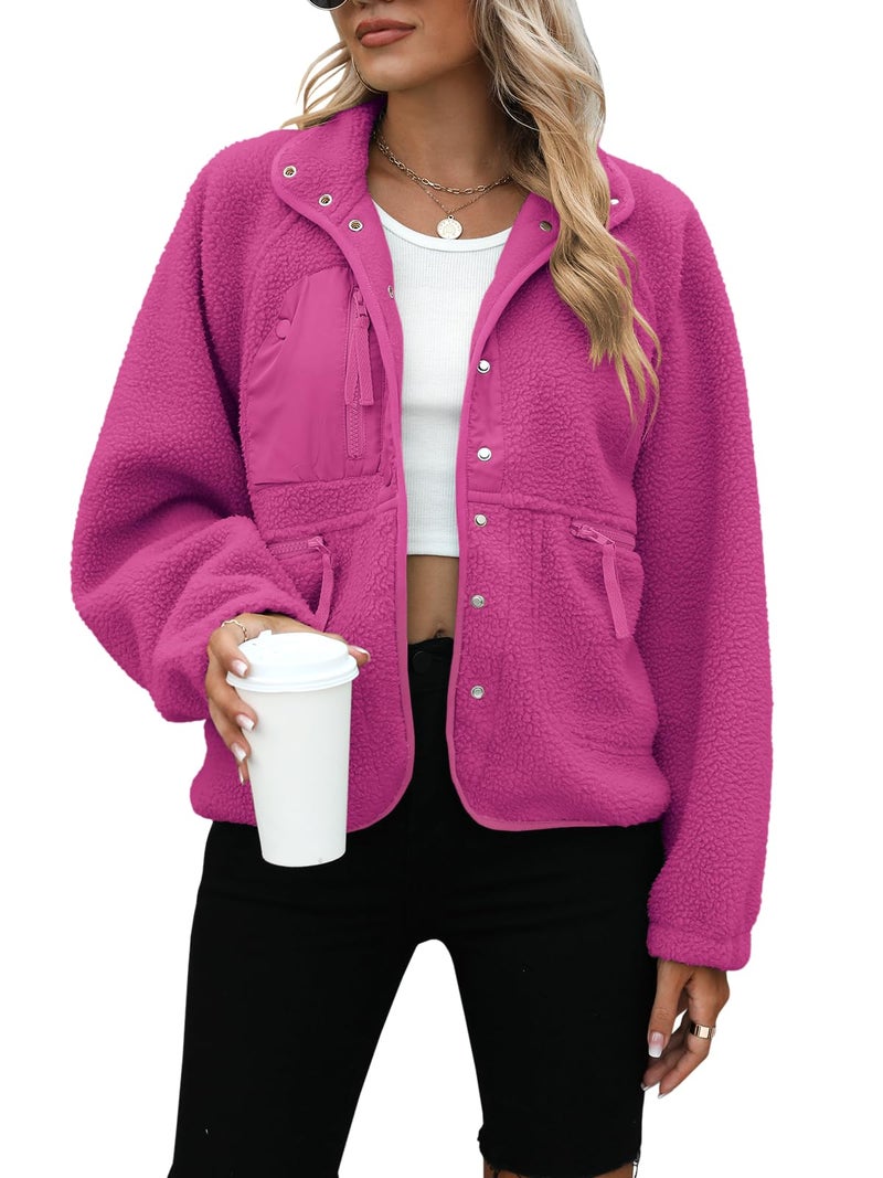 Yanekop Sherpa Jacket Women Fall Winter Faux Fur Coat Fuzzy Fleece Jacket Button Up Cozy Sweaters Warm Winter Clothes(A Fuchsia,M) - Image 1