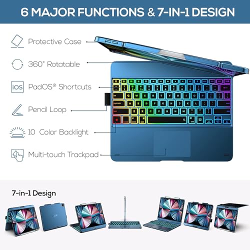 typecase حافظة تايبكيس تاتش مع لوحة مفاتيح لجهاز iPad Pro 13 بوصة (M5/M4, 2025/2024)، iPad Air 13 (M4/M3/M2, 2026/2025/2024) و iPad Pro 12.9 (الجيل السادس/الجيل الخامس/الجيل الرابع/الجيل الثالث) مع لوحة تتبع، قابلة للدوران 360°، بإضاءة خلفية بـ 11 لون - باك.بلو '26 - Image 5