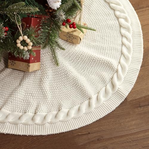 LimBridge 36 inch Christmas Tree Skirt: Pencil Tree Skirt for 6ft Tree, Cable Knit Cream White Small Tree Skirt, Vintage Tree Skirts, Rustic Farmhouse Christmas Decorations - Image 1