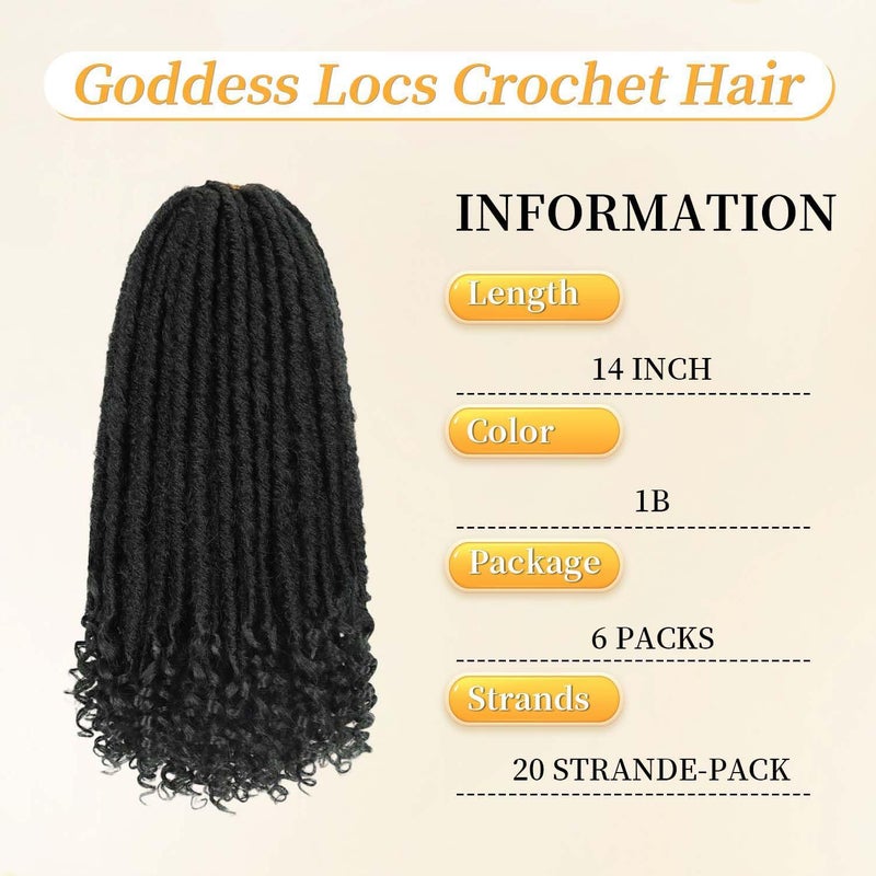 MODERN QUEEN Goddess Locs Crochet Hair 6 Packs, 14 Inch Straight Faux Locs Crochet Braids, Pre-Looped Curly Soft Synthetic Braiding Hair Extensions for Black Women(14 Inch, 6 Packs, 1B#) - Image 2