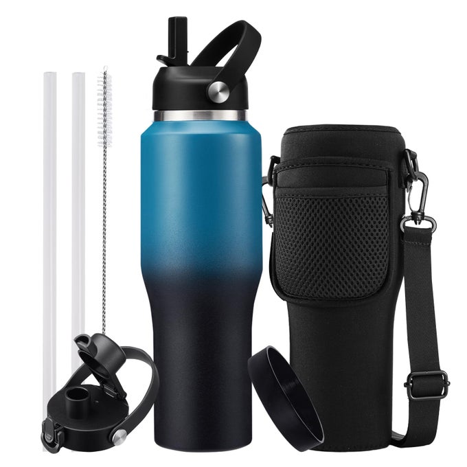 32OZ INSULATED WATER BOTTLE WITH STRAW SPOUT LID PROTECTIVE BOOT VACUUM STAINLESS STEEL BOTTLES LEAKPROOF THERMO MUG FLASK FIT IN CAR BIKE CUP HOLDER FATHERS DAY GIFT