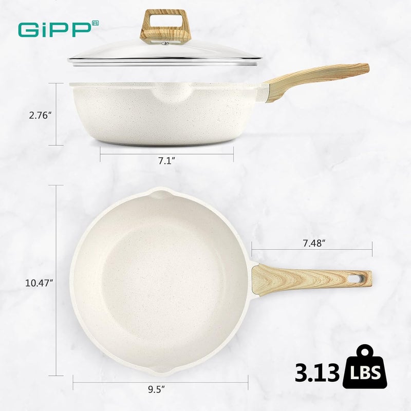 GIPP مقلاة عميقة غير لاصقة من GiPP، مقلاة سوتيه 9.5 بوصة مع غطاء، أواني طهي جرانيتية ل��حث غير لاصقة، خالية من PFOA وPFOS وAPEO، أبيض - Image 3