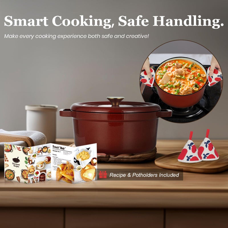 Overmont Enameled Cast Iron Dutch Oven - 5QT Pot with Lid Cookbook & Cotton Potholders - Heavy-Duty Cookware for Braising, Stews, Roasting, Bread Baking burgundy - Image 5