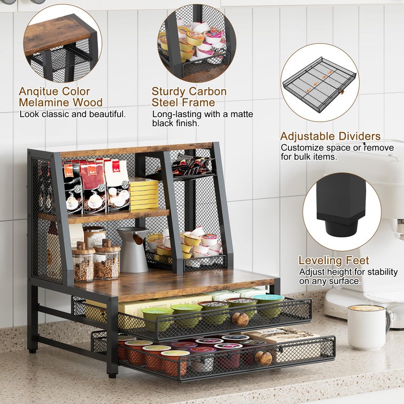 TQVAI Coffee Bar Organizer, Maximize Small Countertop Space, 70 Standard Capsules Capacity with Sliding Pods Drawer, 4-Tier Coffee Station Organizer for Home Kitchen Office Commercial - Image 4