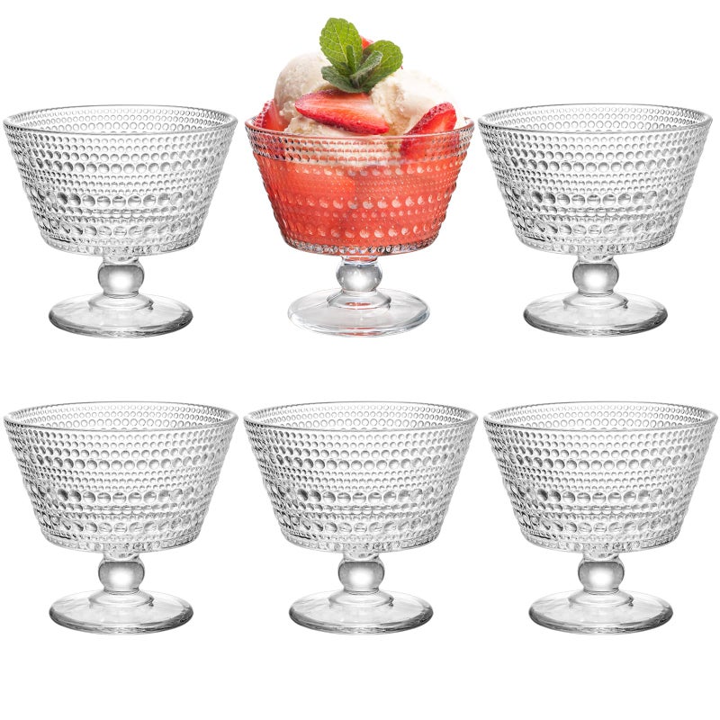 ZOOFOX 6 Pack Glass Ice Cream Bowl Set 12 oz Footed Fruit Parfait Cups Embossed Design Glass Dessert Bowls for Sundae Ice Cream Smoothie Fruit Salad Yogurt Cocktail Snack