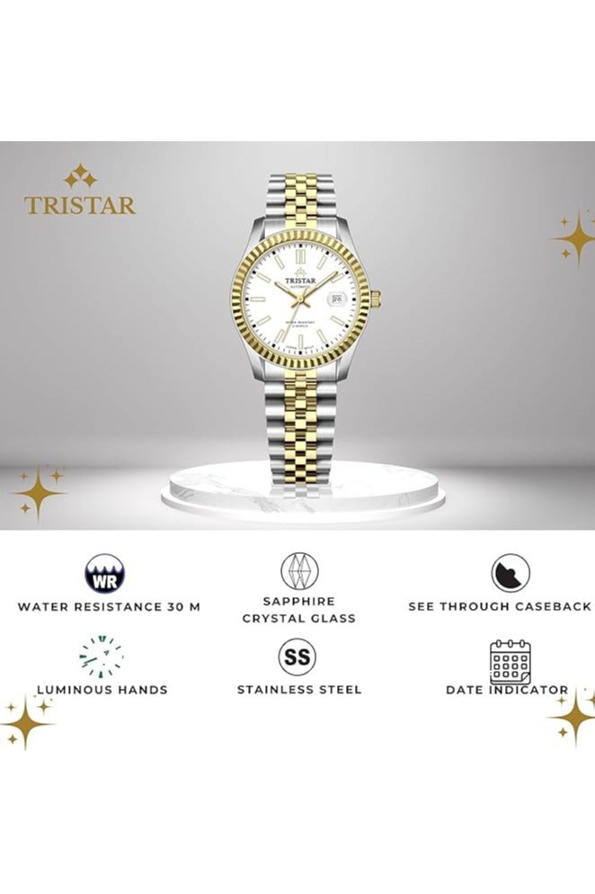 Tristar ساعة تريستار RD سلسلة للرجال أوتوماتيكية يابانية بقرص أبيض وسوار من الفولاذ المقاوم للصدأ بتصميم ثنائي اللون - Image 3