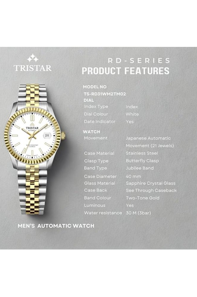 Tristar ساعة تريستار RD سلسلة للرجال أوتوماتيكية يابانية بقرص أبيض وسوار من الفولاذ المقاوم للصدأ بتصميم ثنائي اللون - Image 4