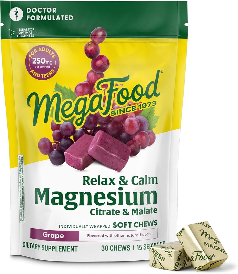 MegaFood مكمل ماغنيسيوم ميغا فود للاسترخاء والهدوء - مضغيات ناعمة بماغنيسيوم سترات وماغنيسيوم ماليات - بنكهة العنب - مصمم من قبل الأطباء - نباتي - خالي من 9 مسببات الحساسية الغذائية - 30 مضغية (عبوة من 1) - Image 1