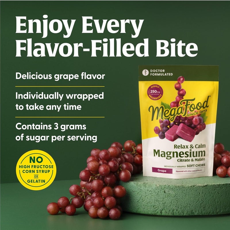 MegaFood مكمل ماغنيسيوم ميغا فود للاسترخاء والهدوء - مضغيات ناعمة بماغنيسيوم سترات وماغنيسيوم ماليات - بنكهة العنب - مصمم من قبل الأطباء - نباتي - خالي من 9 مسببات الحساسية الغذائية - 30 مضغية (عبوة من 1) - Image 4