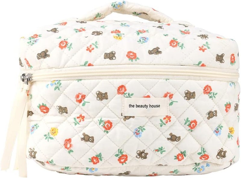Juoxeepy Cotton Makeup Bag Large Travel Cosmetic Bag Quilted Cosmetic Pouch Coquette Aesthetic Floral Toiletry Bag - Image 1