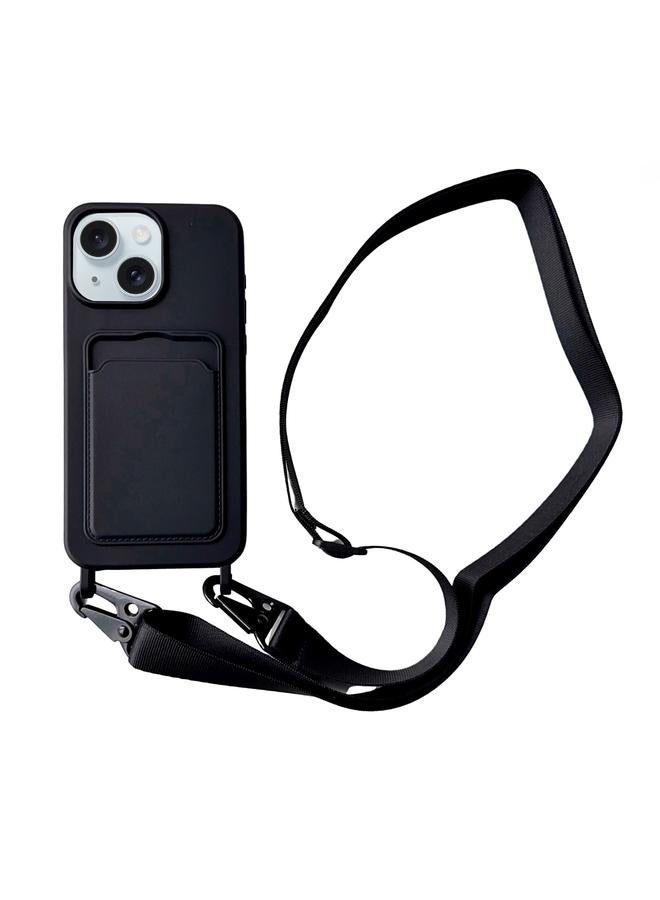 S-TOP Case For iPhone 14 Plus Card Slot Liquid Silicone Phone Case with Lanyard - Image 1