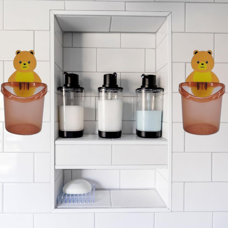 NG Toothbrush Holder Plastic Stand for Toothpaste Comb Brush Cream Lotion Kids Bathroom Cup Drain Waterproof SelfAdhesive Teddy Bear Multicolor Pack of 3 - Image 2