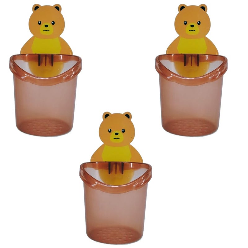 NG Toothbrush Holder Plastic Stand for Toothpaste Comb Brush Cream Lotion Kids Bathroom Cup Drain Waterproof SelfAdhesive Teddy Bear Multicolor Pack of 3 - Image 1