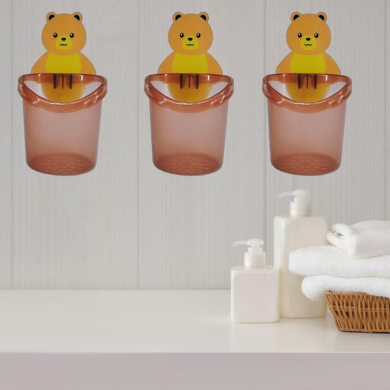 NG Toothbrush Holder Plastic Stand for Toothpaste Comb Brush Cream Lotion Kids Bathroom Cup Drain Waterproof SelfAdhesive Teddy Bear Multicolor Pack of 3 - Image 5