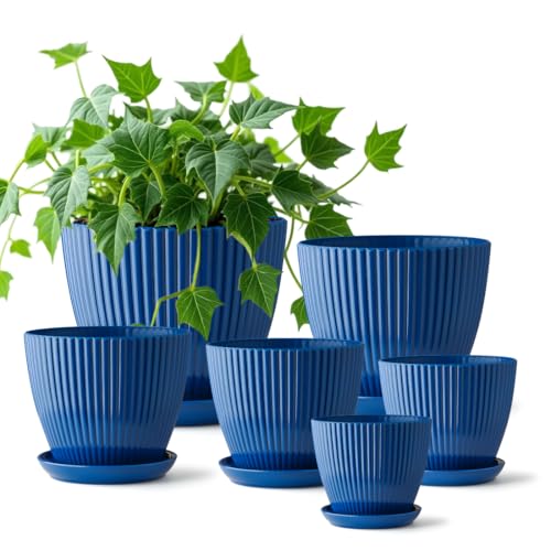 RooTrimmer 7.5/6.5/5.5/4.9/4.2/3.5 Inch Plant Pots with Saucers & Drain Holes - Indoor/Outdoor Flower Pots for Succulents, Herbs, Cactus - Modern Lightweight Durable Planter Set, Blue - Image 1