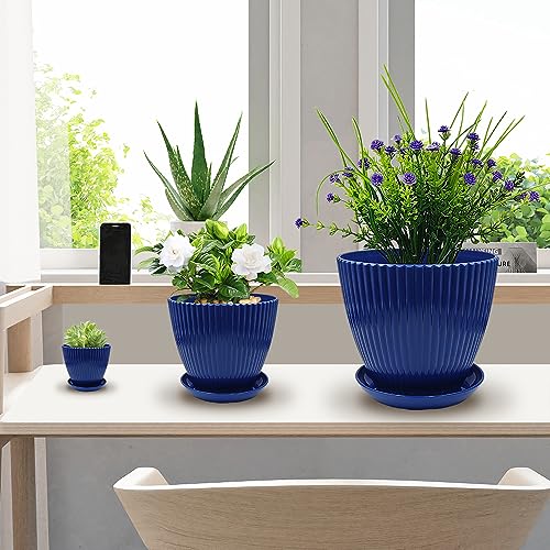 RooTrimmer 7.5/6.5/5.5/4.9/4.2/3.5 Inch Plant Pots with Saucers & Drain Holes - Indoor/Outdoor Flower Pots for Succulents, Herbs, Cactus - Modern Lightweight Durable Planter Set, Blue - Image 3