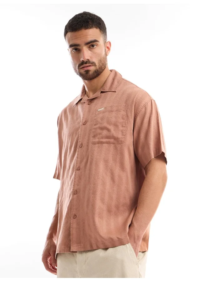 بيونغ Dark Peach Half Sleeve Cuban Collar Shirt for Men