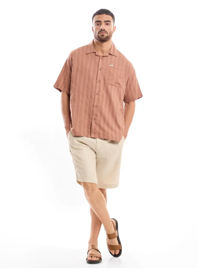 بيونغ Dark Peach Half Sleeve Cuban Collar Shirt for Men