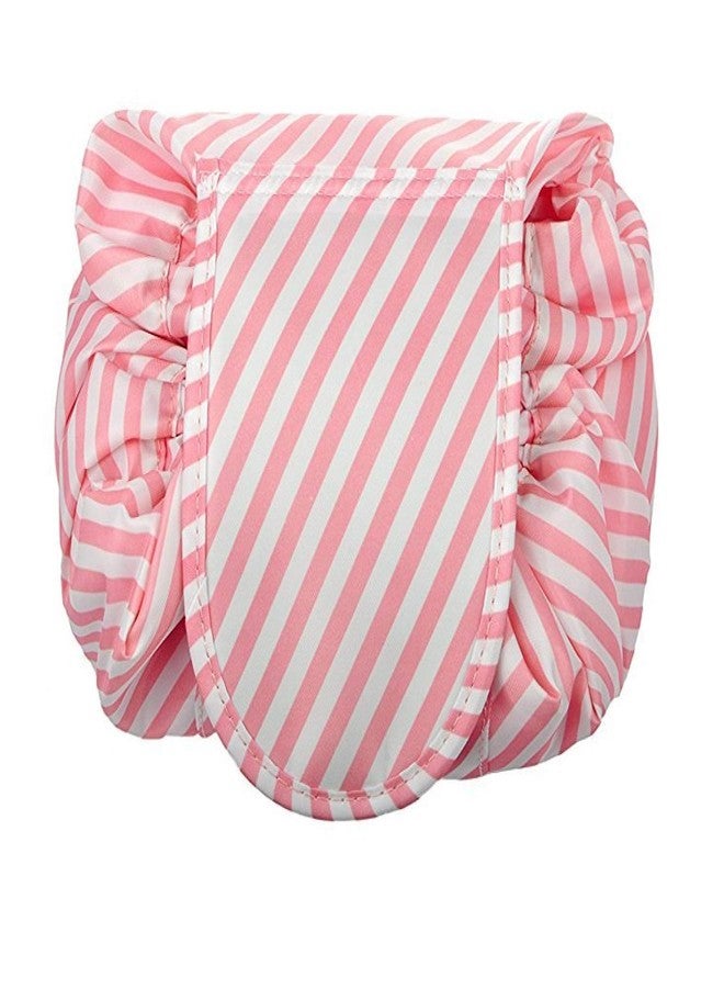 Estervig Portable Drawstring Makeup Bag, Large Capacity Lazy Cosmetic Pouch, Waterproof Travel Toiletry Organizer, Foldable Vanity Bag for Women, Multifunction Makeup Storage Pouch (Pink Strip) - Image 1