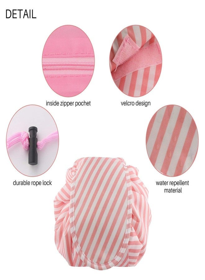 Estervig Portable Drawstring Makeup Bag, Large Capacity Lazy Cosmetic Pouch, Waterproof Travel Toiletry Organizer, Foldable Vanity Bag for Women, Multifunction Makeup Storage Pouch (Pink Strip) - Image 4