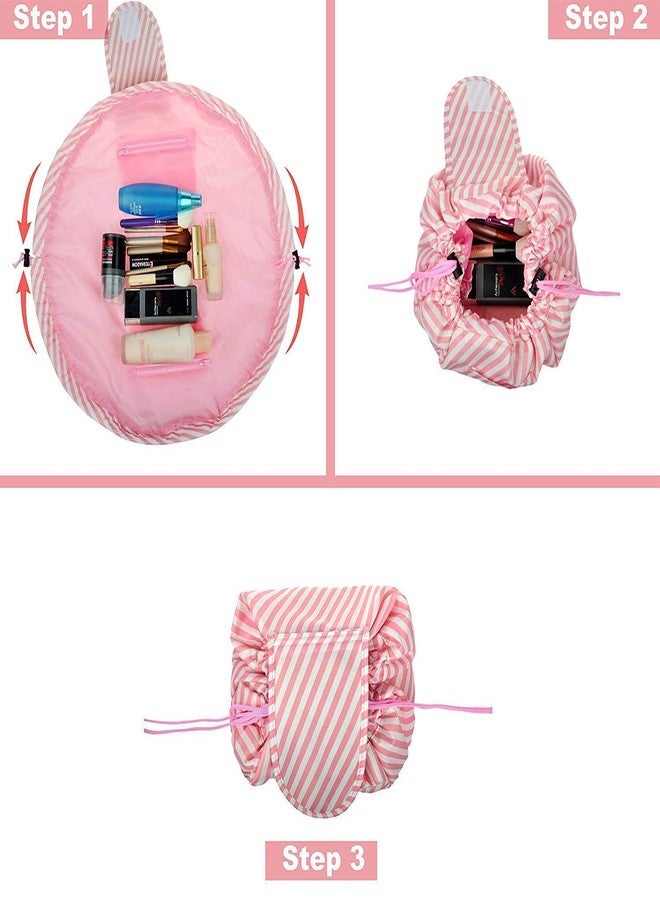 Estervig Portable Drawstring Makeup Bag, Large Capacity Lazy Cosmetic Pouch, Waterproof Travel Toiletry Organizer, Foldable Vanity Bag for Women, Multifunction Makeup Storage Pouch (Pink Strip) - Image 5