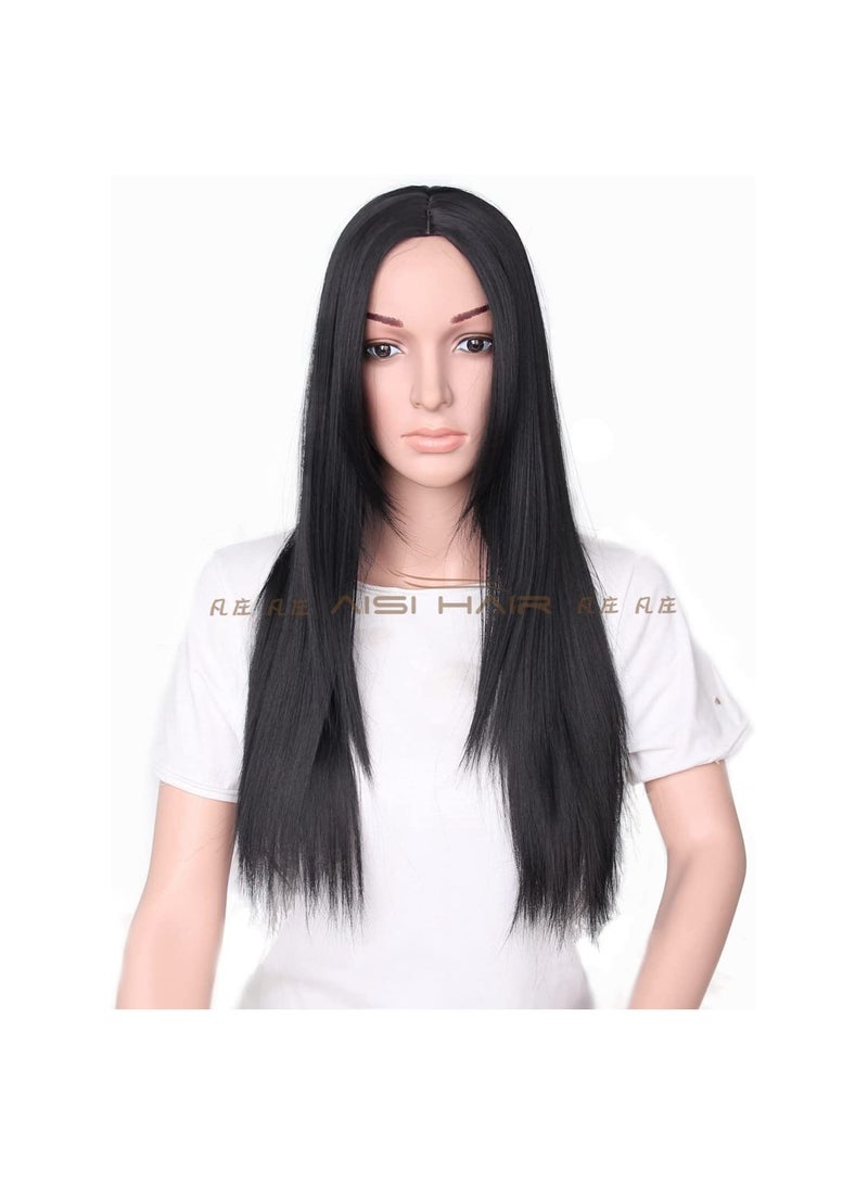 إستيل شعر مستعار طويل مفرود بدون غرة، باروكات من الألياف المقاومة للحرارة للنساء والفتيات، للاستخدام اليومي والحفلات، أسود - Image 2