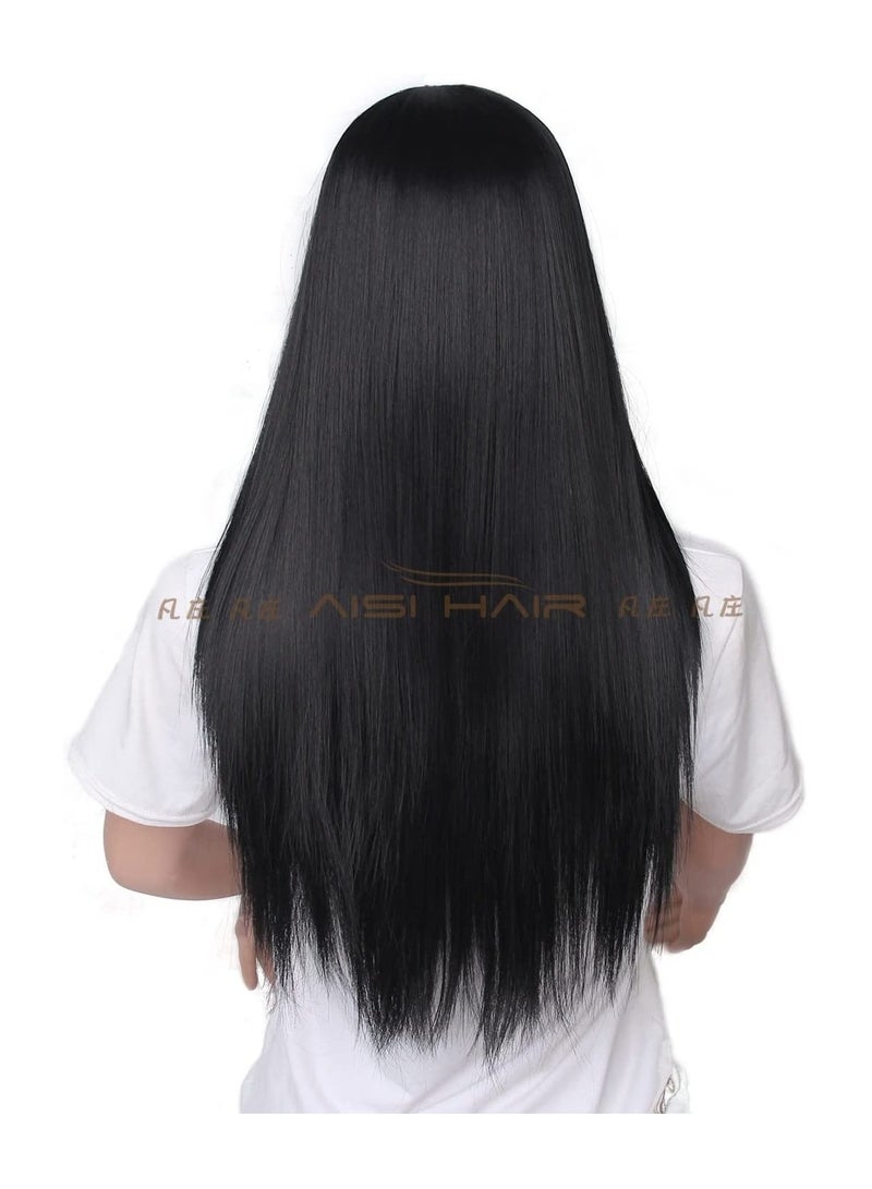 إستيل شعر مستعار طويل مفرود بدون غرة، باروكات من الألياف المقاومة للحرارة للنساء والفتيات، للاستخدام اليومي والحفلات، أسود - Image 3
