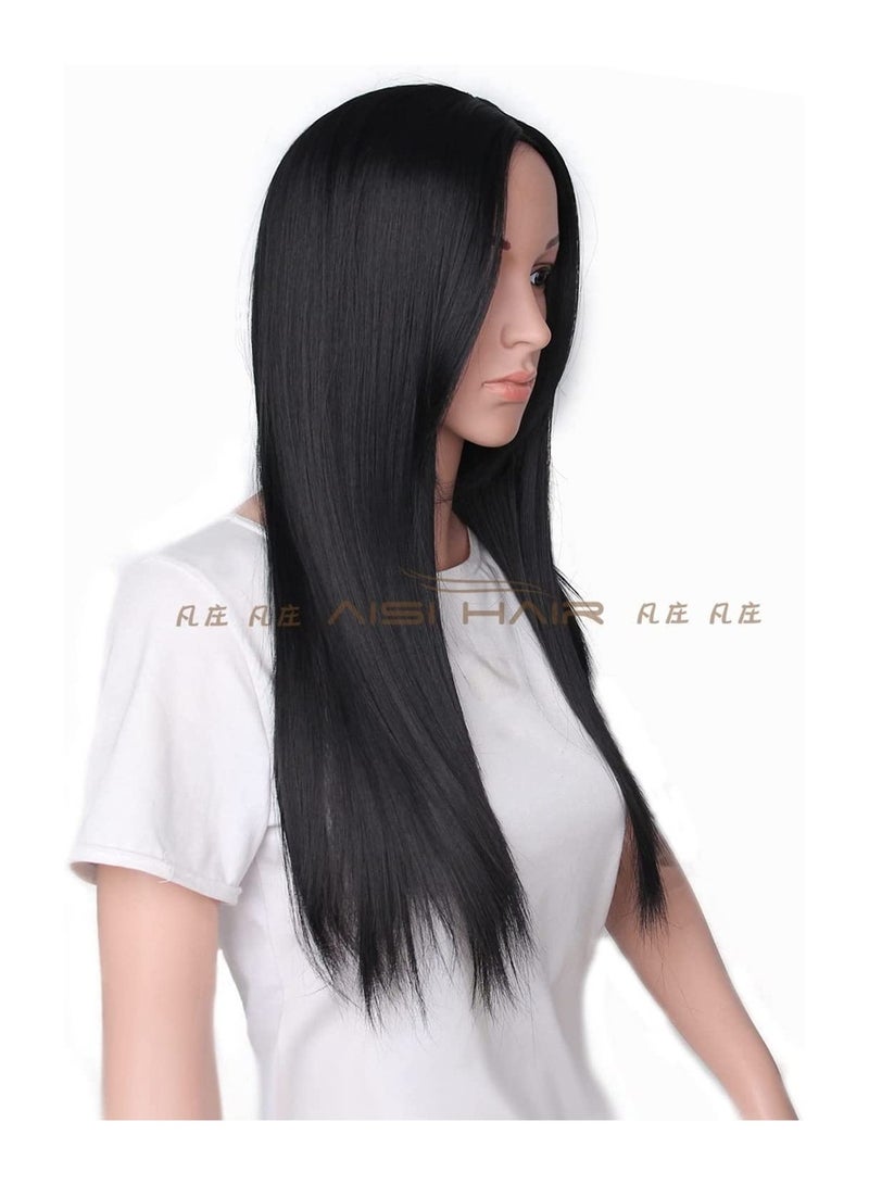 إستيل شعر مستعار طويل مفرود بدون غرة، باروكات من الألياف المقاومة للحرارة للنساء والفتيات، للاستخدام اليومي والحفلات، أسود - Image 4