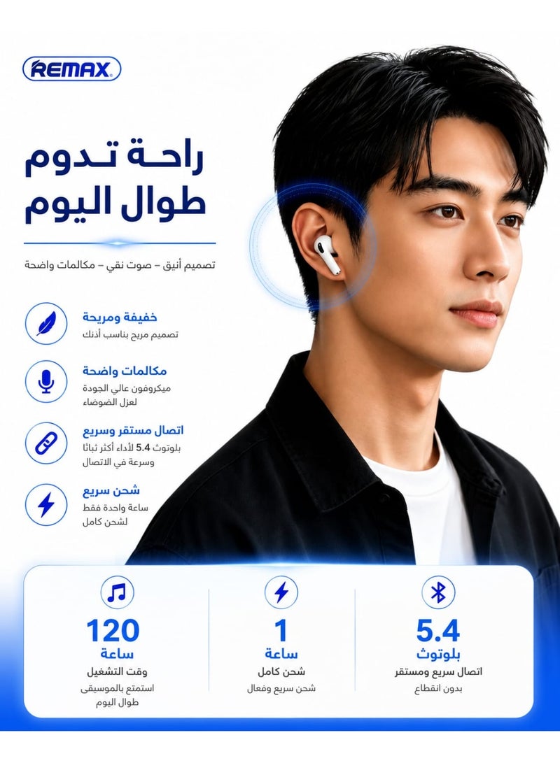 REMAX Bluetooth Earbuds Remax BT560, wireless design, clear HD sound, noise isolation, built-in microphone, touch control, fast & stable Bluetooth 5.4 connection, long-lasting battery, compatible with iPhone & Android. - Image 2