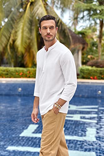 Karlywindow Mens Linen Henley Shirts Long Sleeve Hippie Yoga Summer Beach Casual Henleys T-Shirt White - Image 3