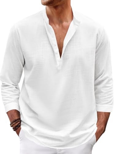 Karlywindow Mens Linen Henley Shirts Long Sleeve Hippie Yoga Summer Beach Casual Henleys T-Shirt White - Image 1