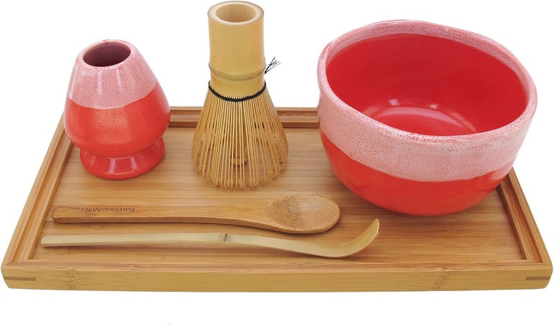 BambooMN Brand  Matcha Bowl Set Includes Bowl RestTea Whisk Chasaku Tea Spoon  Tray 1 Set Coral - Image 1