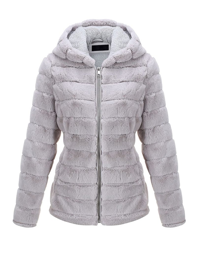 Bellivera Womens Faux Fur Shearling Shaggy Coat Fashion Long Sleeve Zip Up Hood SherpaLined Jacket 1801 Gray XL