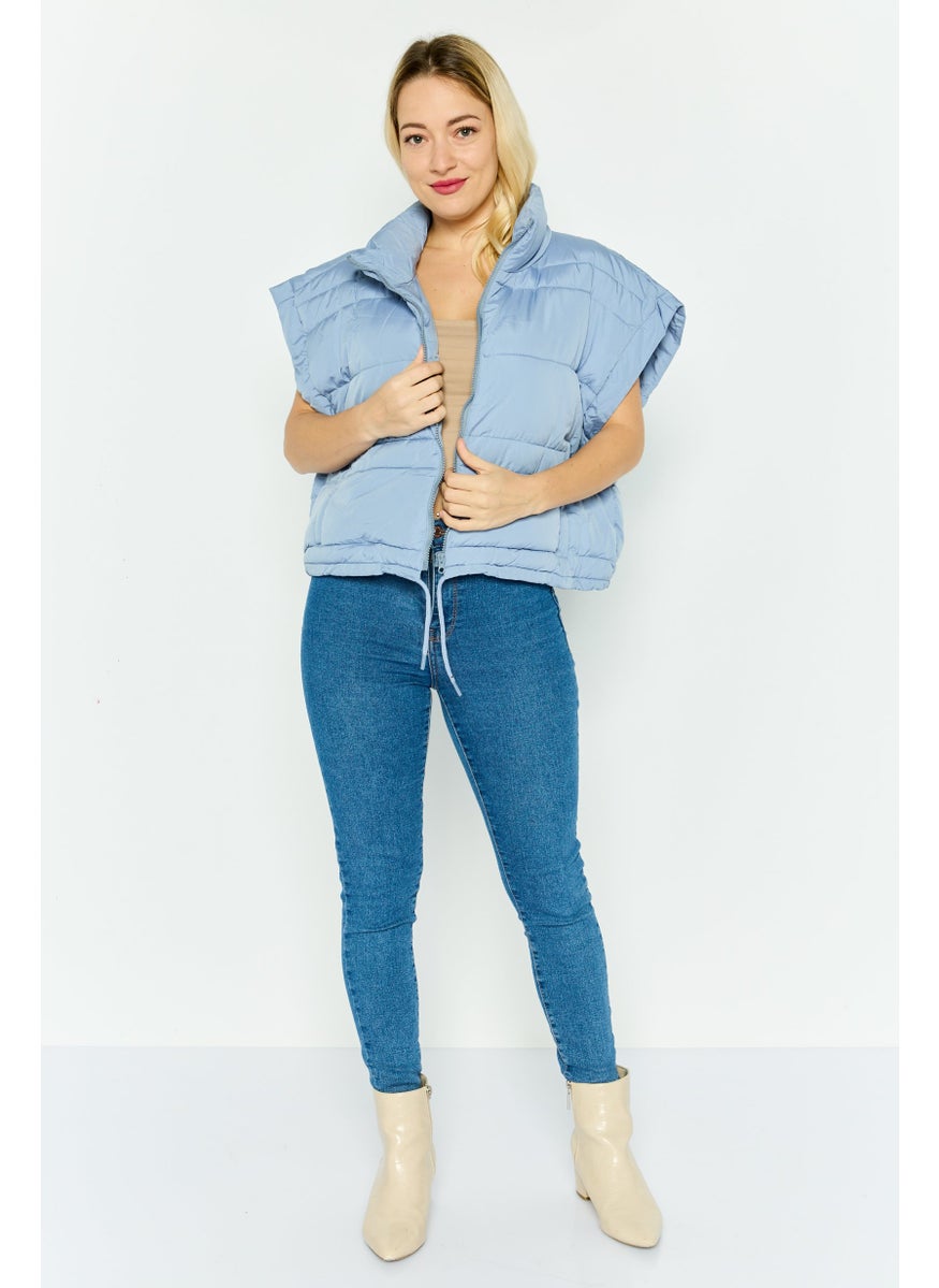 Missguided - Women Petite Mock Neck Quilted Vest Jacket, Blue - Image 1
