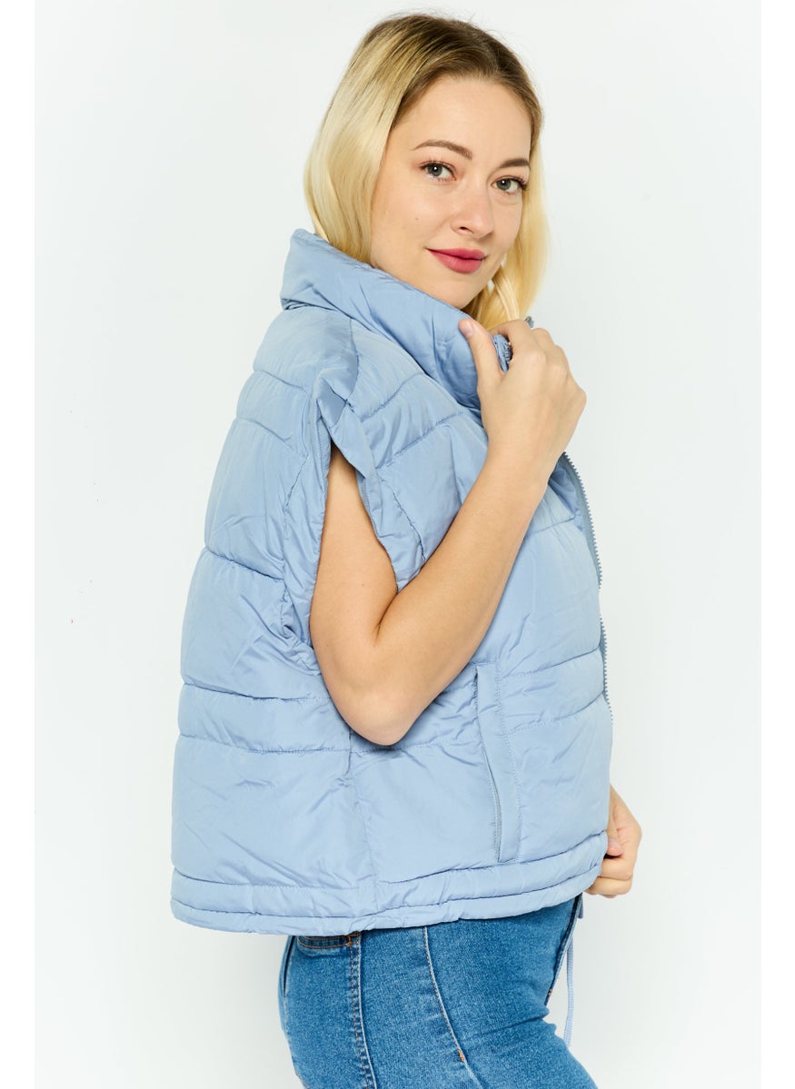 Missguided - Women Petite Mock Neck Quilted Vest Jacket, Blue - Image 1