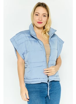 Women Petite Mock Neck Quilted Vest Jacket, Blue