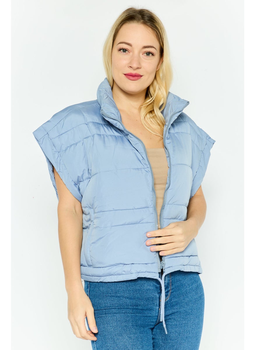 Missguided - Women Petite Mock Neck Quilted Vest Jacket, Blue - Image 1