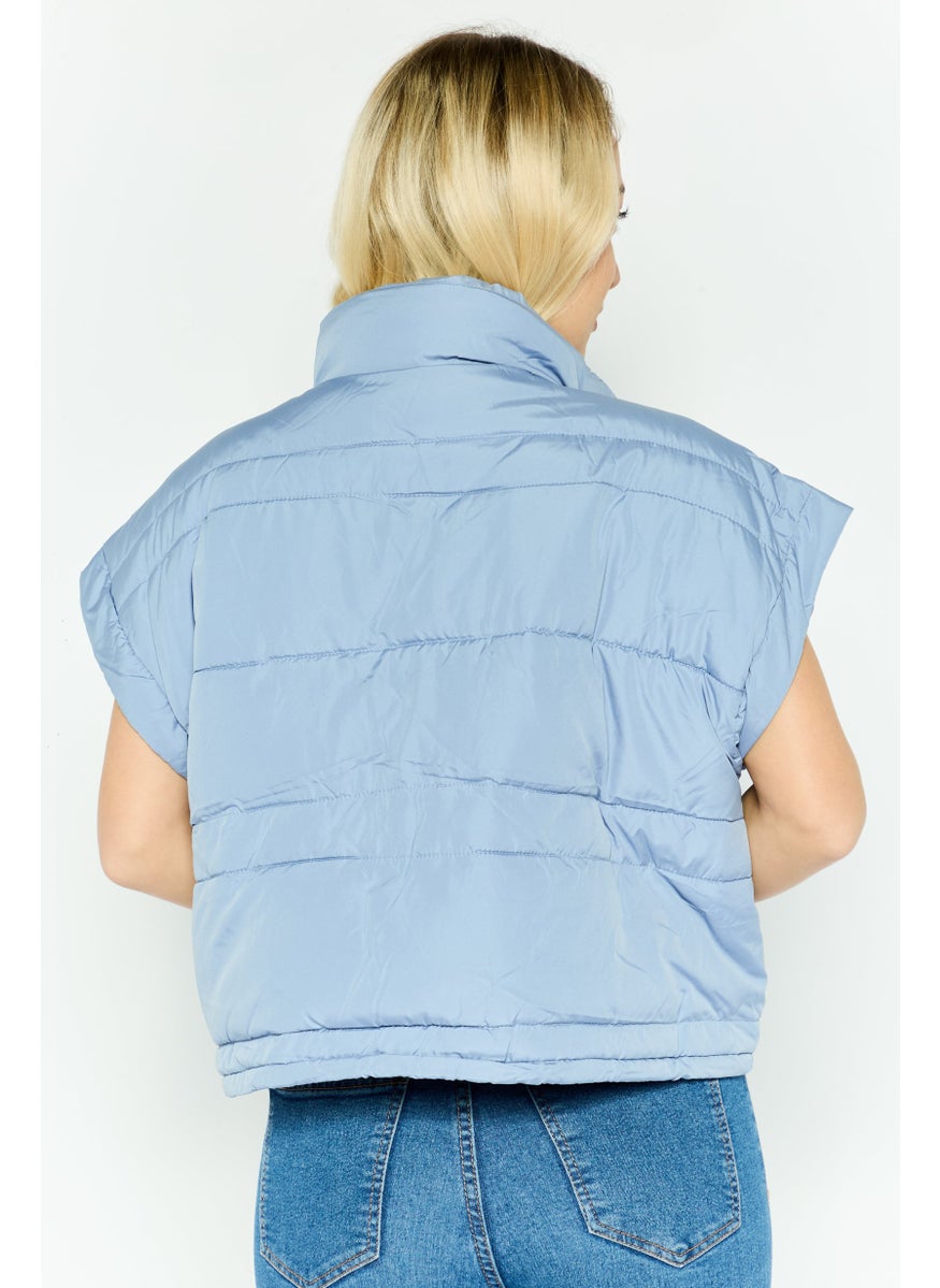 Missguided - Women Petite Mock Neck Quilted Vest Jacket, Blue - Image 1