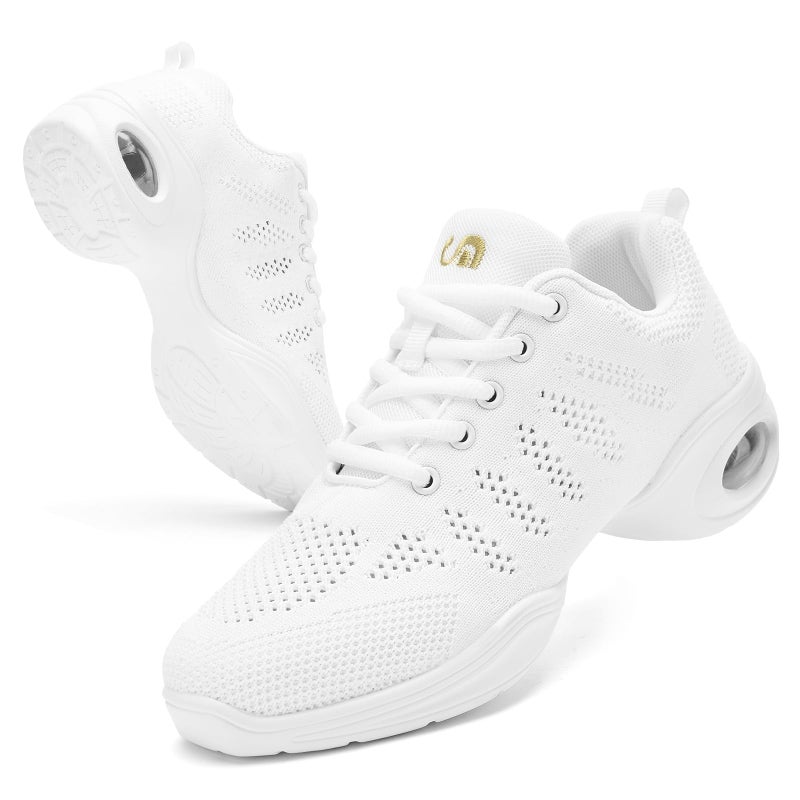 PPQ Women's Jazz Shoes Lace-up Sneakers Modern Dance Shoes Air Cushion Platform Walking Dance Shoes A White,7 - Image 1