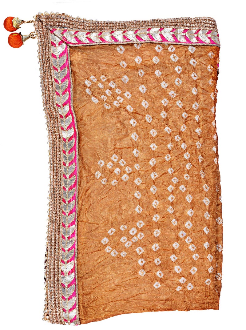 PK HUB Women's Silk Jaipuri Rajasthani Bandhani Bandhej Heavy Dupatta with Gota Work and Latkan - (Beige & Pink) (Free Size) - Image 4