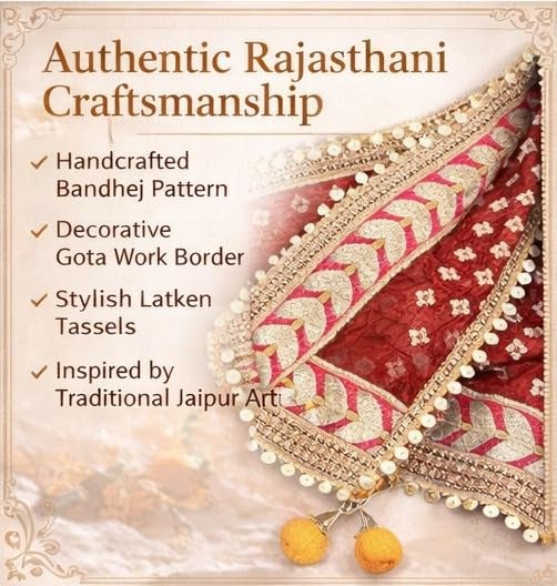 PK HUB Women's Silk Jaipuri Rajasthani Bandhani Bandhej Heavy Dupatta with Gota Work and Latkan - (Beige & Pink) (Free Size) - Image 5