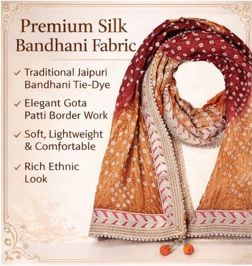 PK HUB Women's Silk Jaipuri Rajasthani Bandhani Bandhej Heavy Dupatta with Gota Work and Latkan - (Beige & Pink) (Free Size) - Image 3