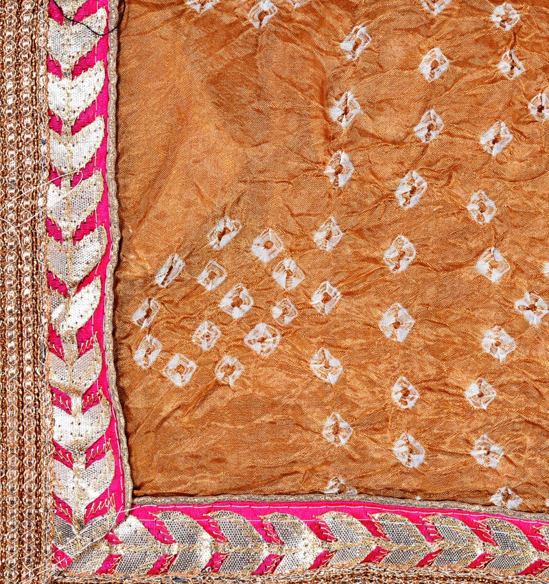 PK HUB Women's Silk Jaipuri Rajasthani Bandhani Bandhej Heavy Dupatta with Gota Work and Latkan - (Beige & Pink) (Free Size) - Image 2